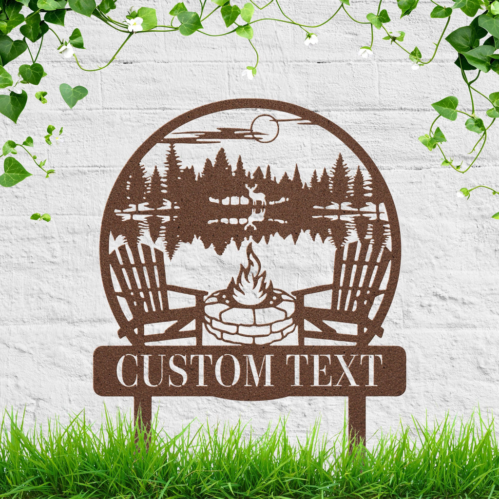 Rustic Campfire Metal Sign – Custom Text Metal Garden Sign with Deer and Cabin Scenery