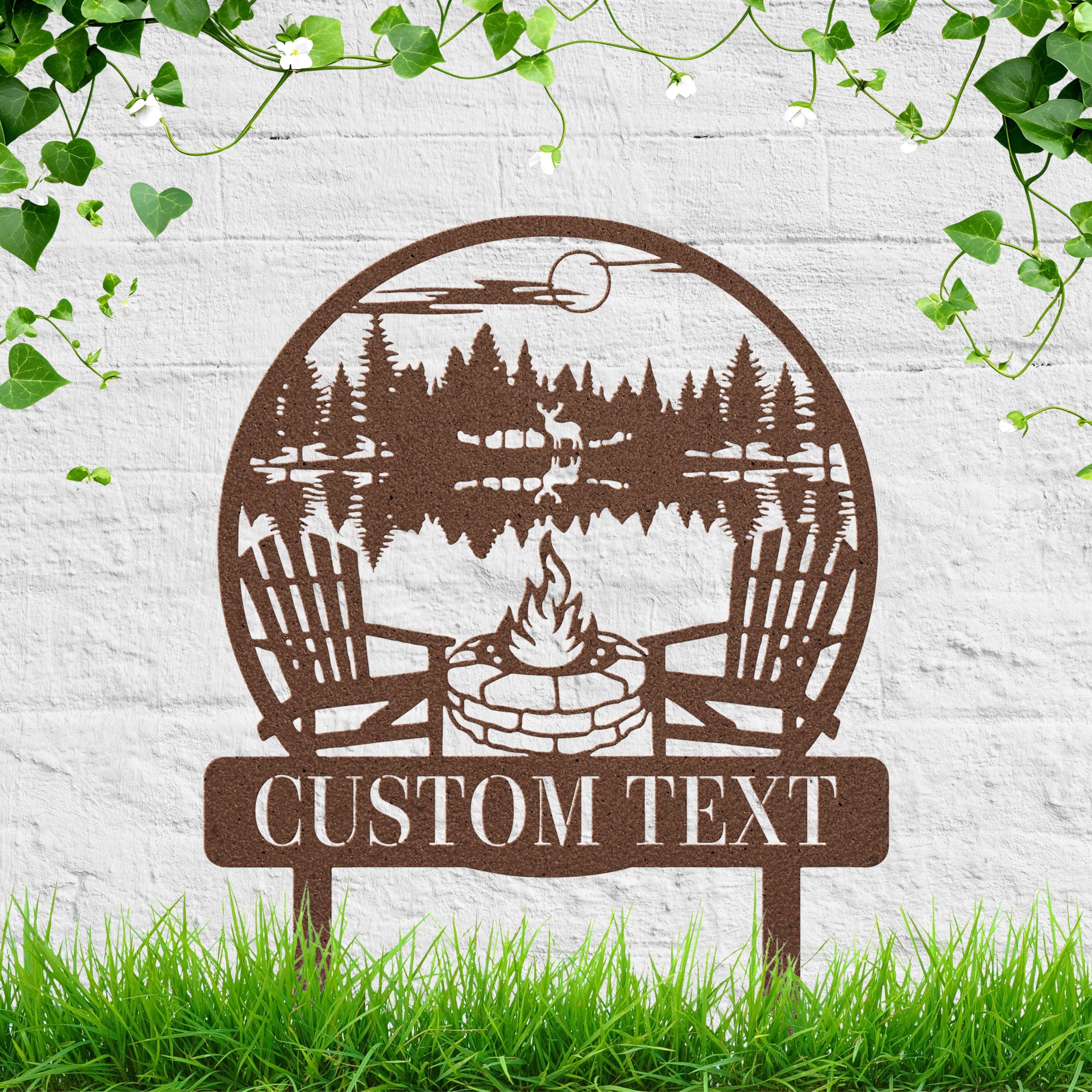 Rustic Campfire Metal Sign – Custom Text Metal Garden Sign with Deer and Cabin Scenery
