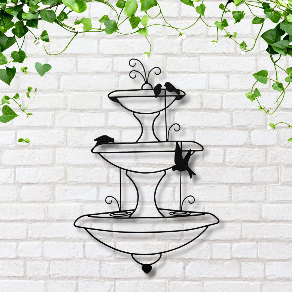 Tiered Fountain Metal Wall Art, Garden Bird Bath Decor, Elegant Nature Silhouette Sign