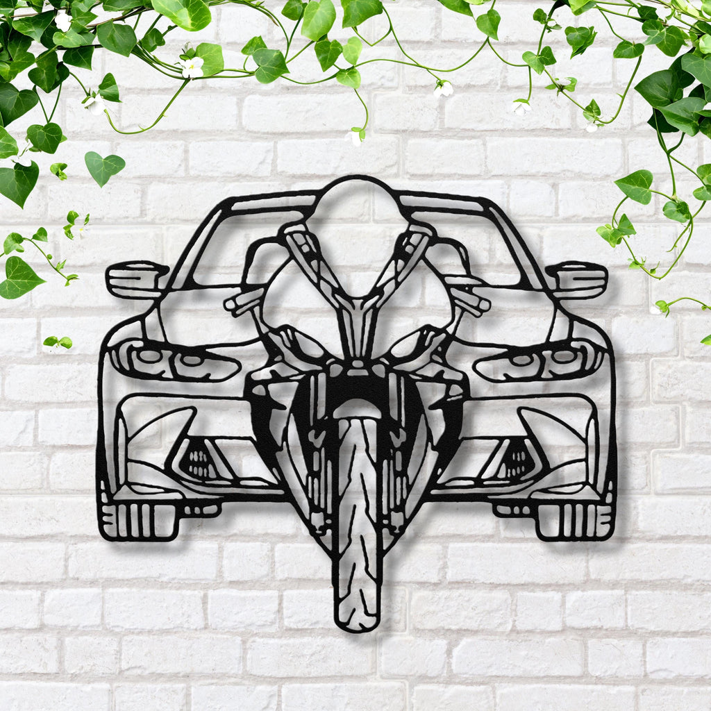 Car and Motorcycle Metal Wall Art | Automotive Duet Silhouette | Front View Die-Cut Sign | Garage Decor | Motorhead Gift