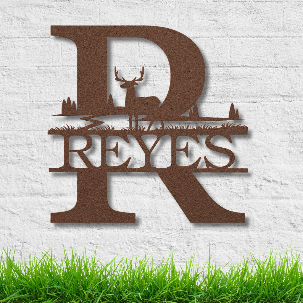 Personalized Split Letter Sign, Initial Deer Metal Monogram, Custom Family Name Sign, Rustic Hunting Decor, Die Cut Wall Art