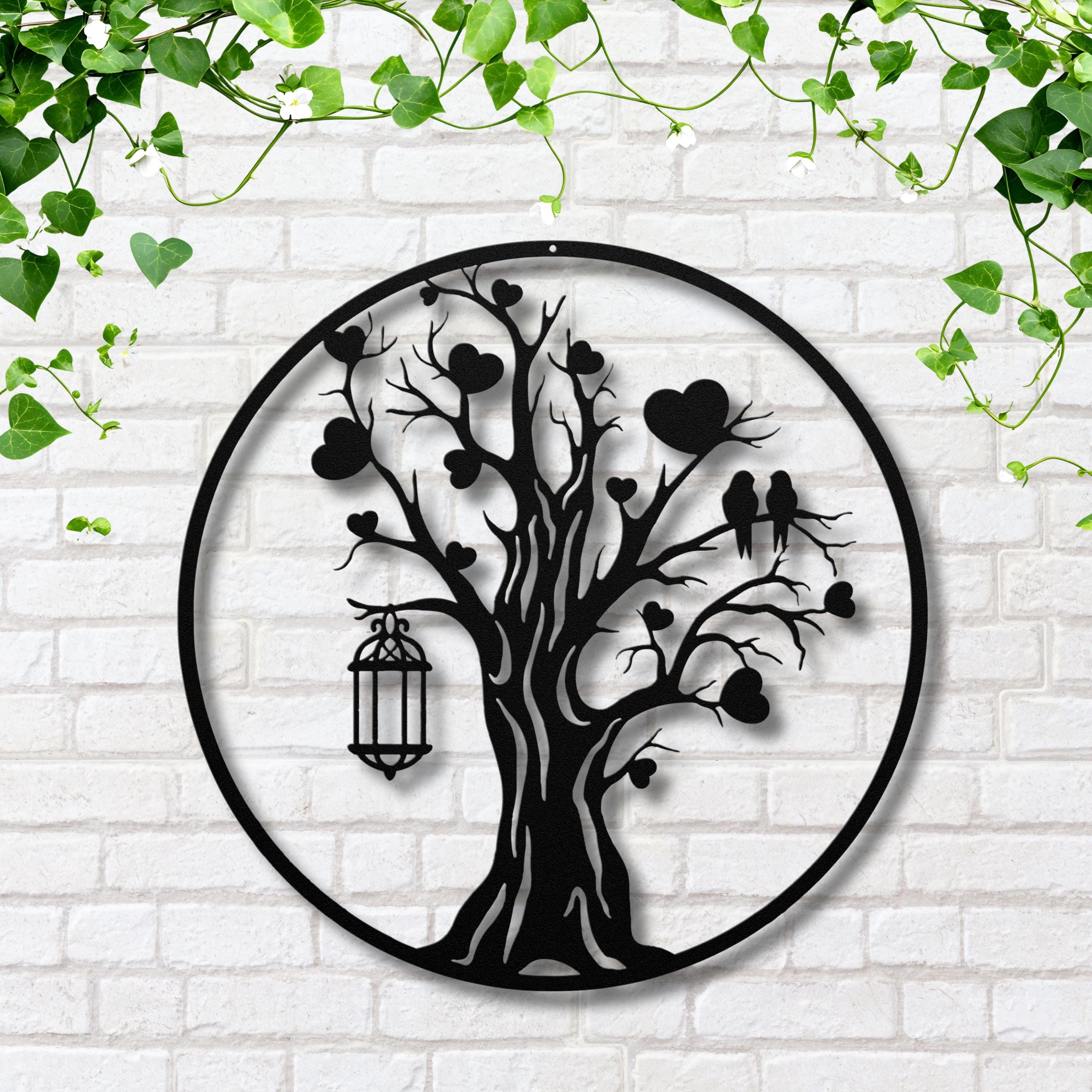 Tree Of Life Metal Art - Heart Tree Sign With Love Birds Lantern & Family Sculpture