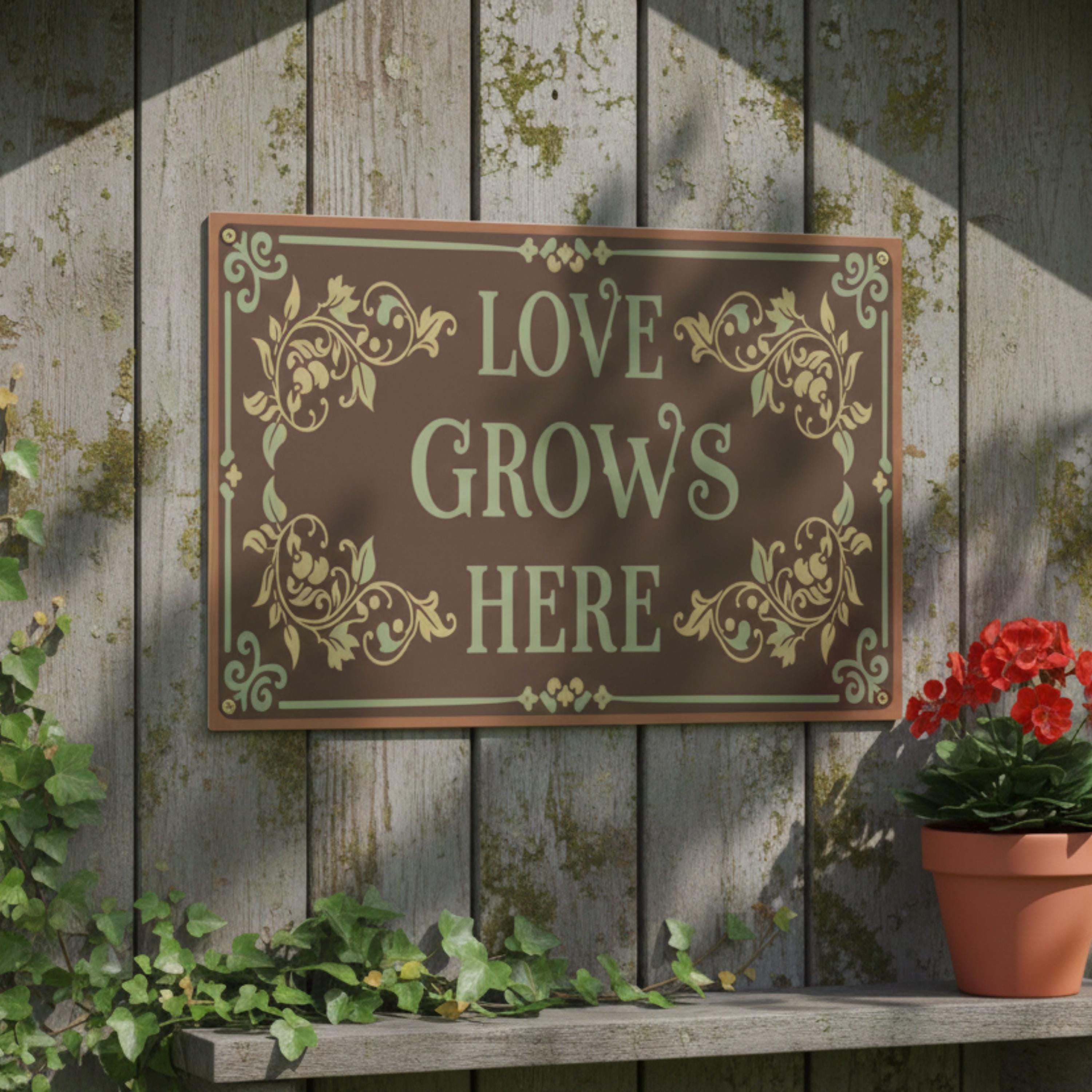 Love Grows Here Metal Sign, Ornate Garden Wall Art, Brown Vintage Decor Plaque
