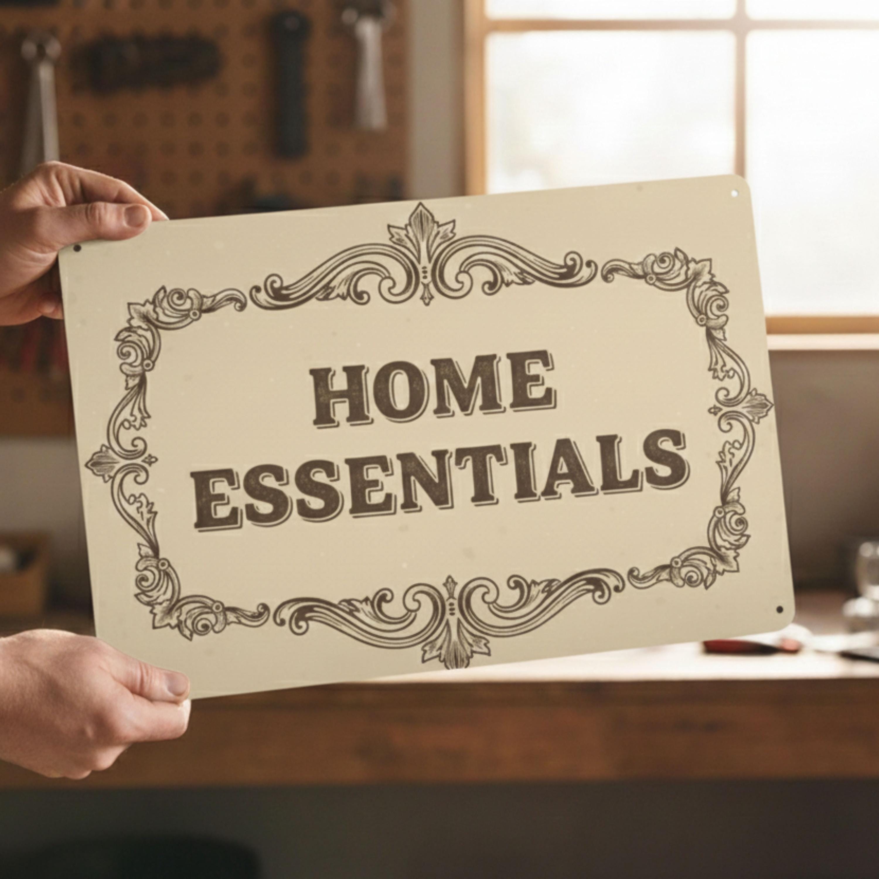 Vintage Home Essentials Sign, General Store Farmhouse Metal Plaque, Housewares Decor Gift