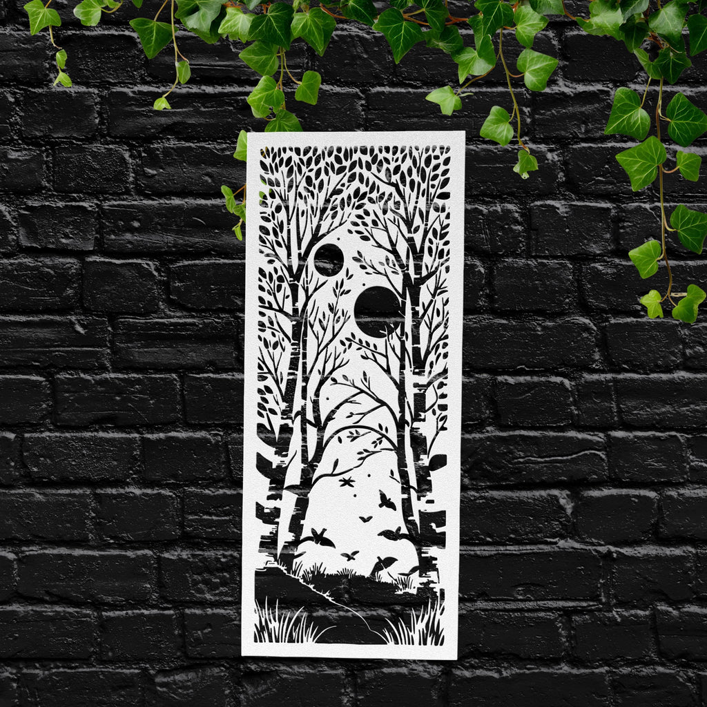 Birch Forest Metal Wall Art, Double Moon Night Scene, Tree Landscape Sign, Nature Decor