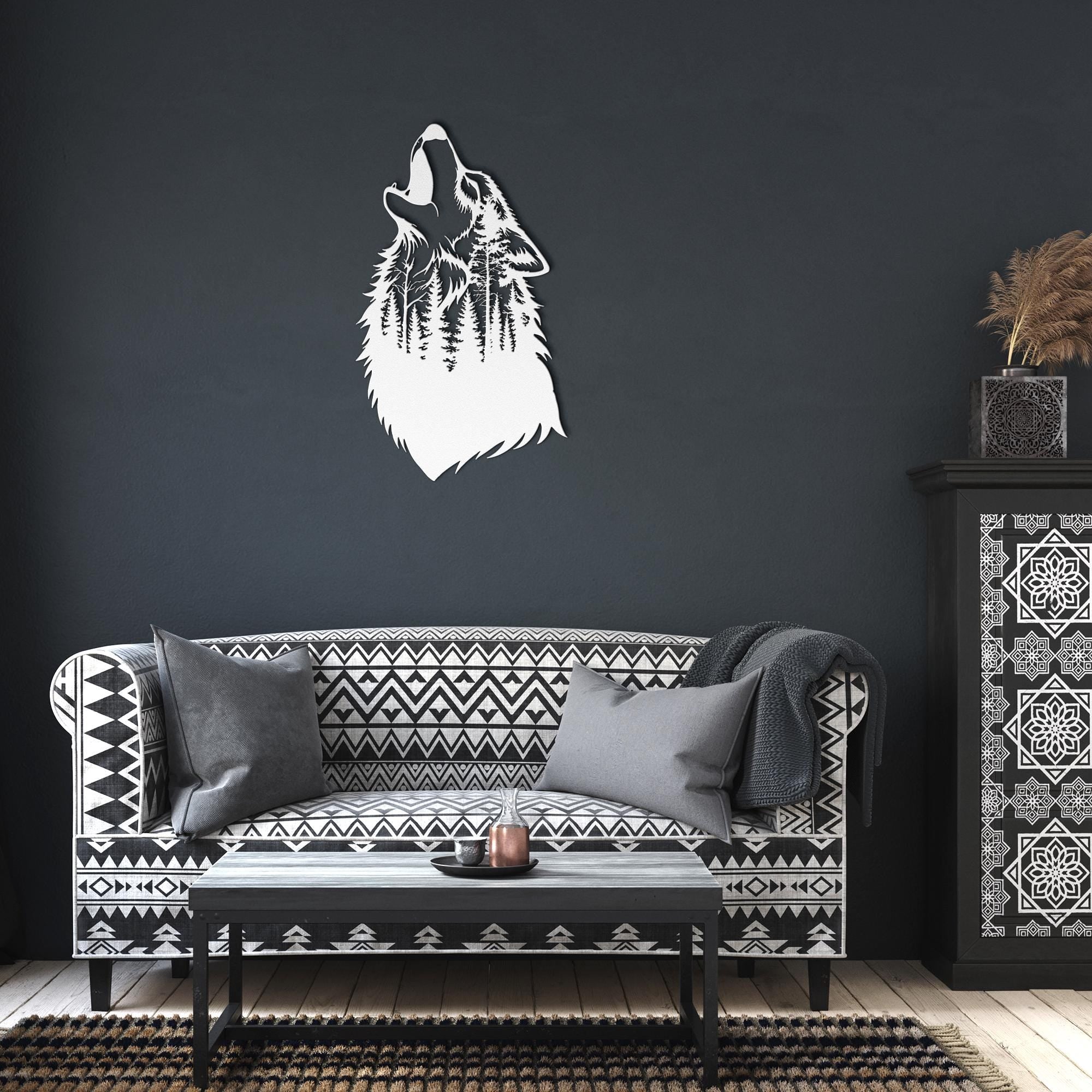 Howling Wolf Metal Wall Art, Wilderness Forest Scene Sign, Wildlife Nature Lover Home Gift