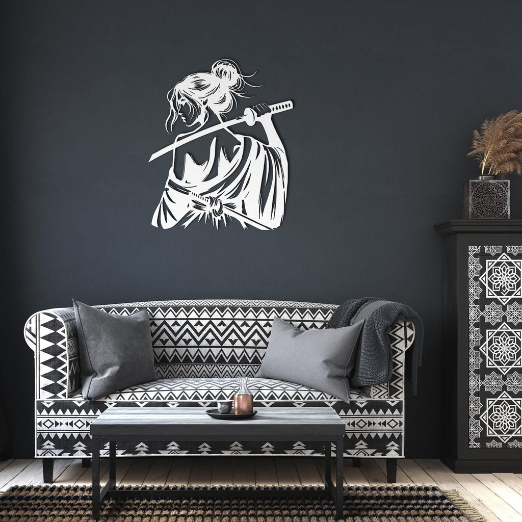 Samurai Woman Metal Wall Art, Katana Sword Die Cut Sign