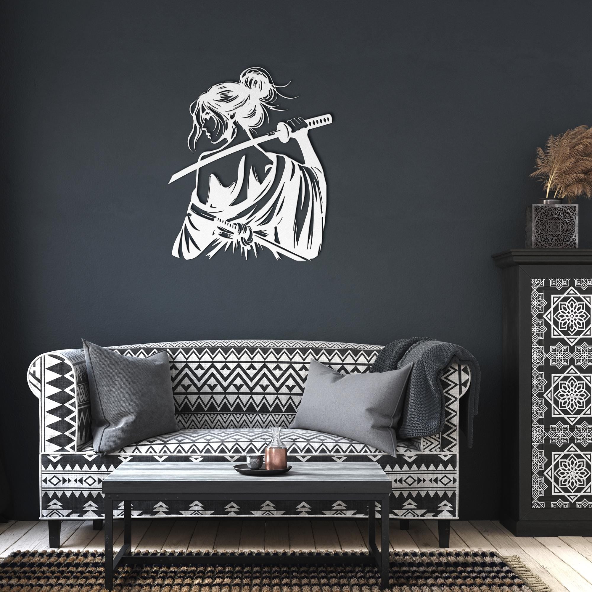 Samurai Woman Metal Wall Art, Katana Sword Die Cut Sign