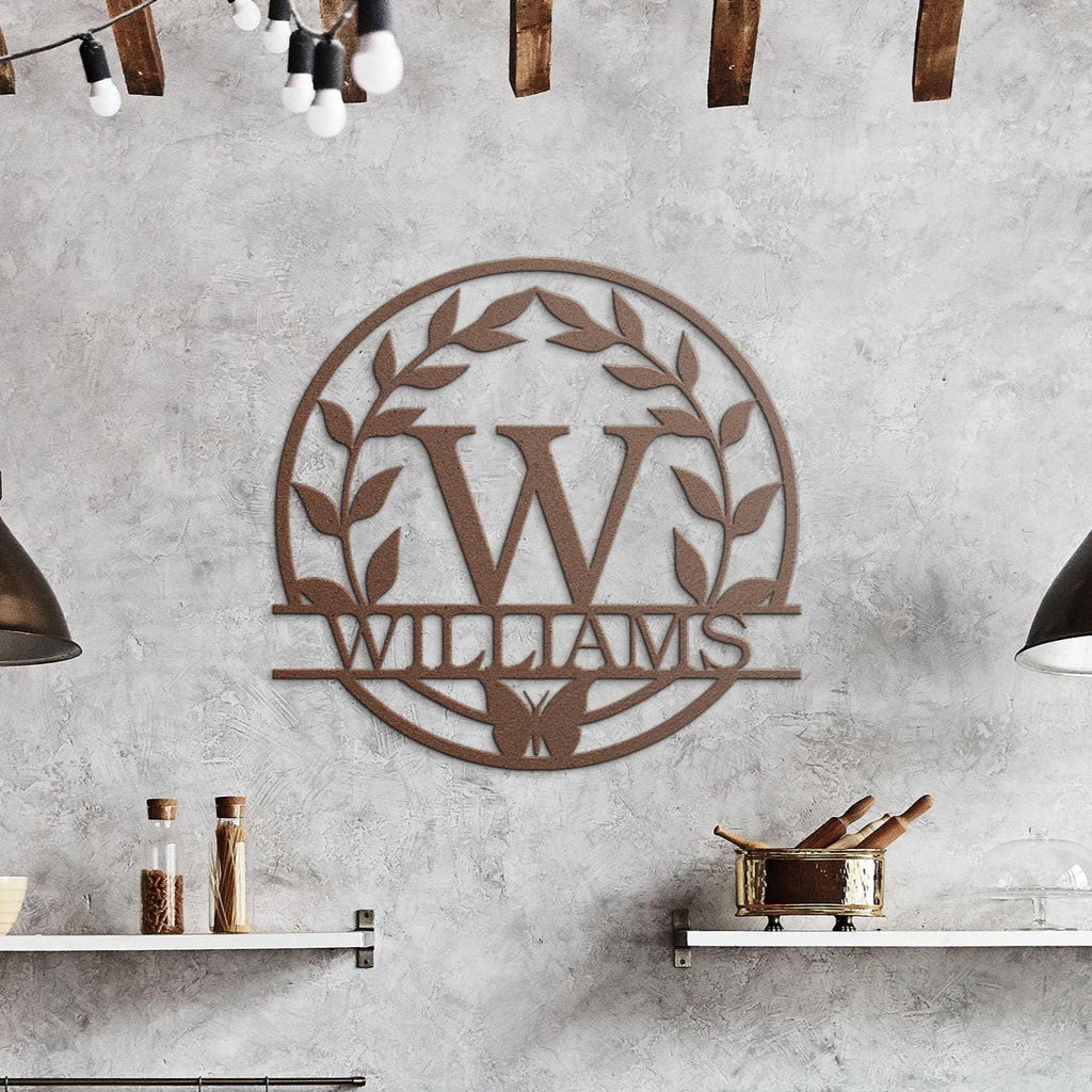 Custom Metal Last Name Sign, Butterfly Leaf Wreath, Anniversary Gift