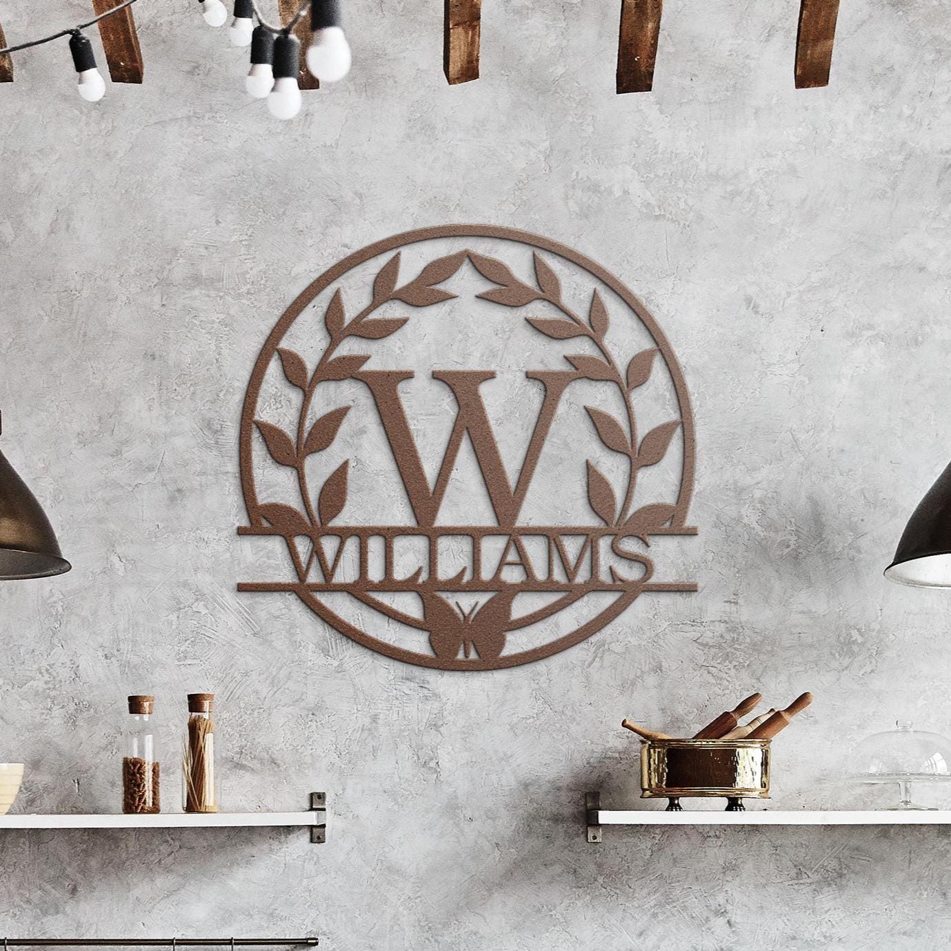 Custom Metal Last Name Sign, Butterfly Leaf Wreath, Anniversary Gift