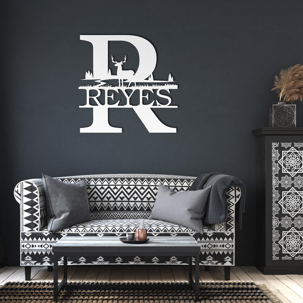 Personalized Split Letter Sign, Initial Deer Metal Monogram, Custom Family Name Sign, Rustic Hunting Decor, Die Cut Wall Art