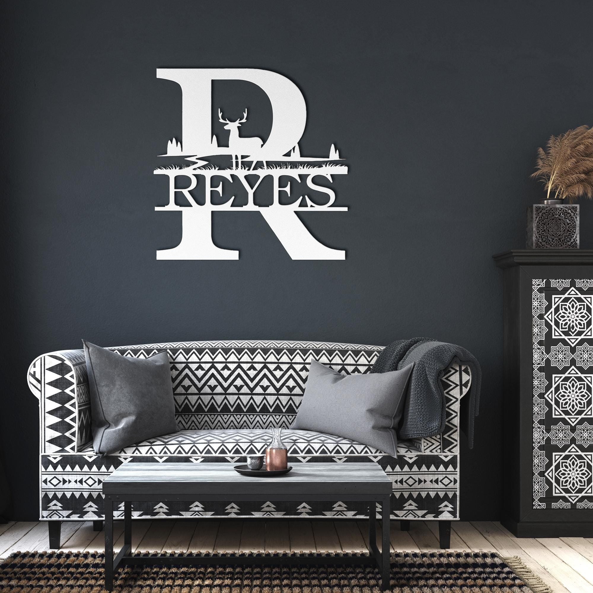 Personalized Split Letter Sign, Initial Deer Metal Monogram, Custom Family Name Sign, Rustic Hunting Decor, Die Cut Wall Art