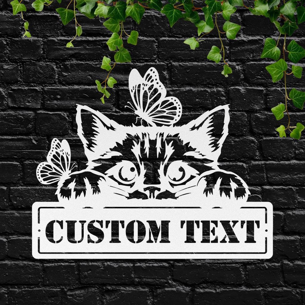 Personalized Cat Metal Sign | Kitten Die-Cut Art | Custom Pet Name Plaque | Butterfly Lover Gift | Animal Home Decor