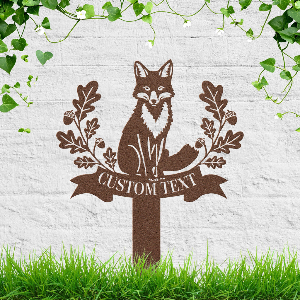 Fox Metal Garden Stake Sign, Personalized Die-Cut Woodland Animal Decor, Oak Leaf Wreath, Custom Engraved Text Memorial Marker