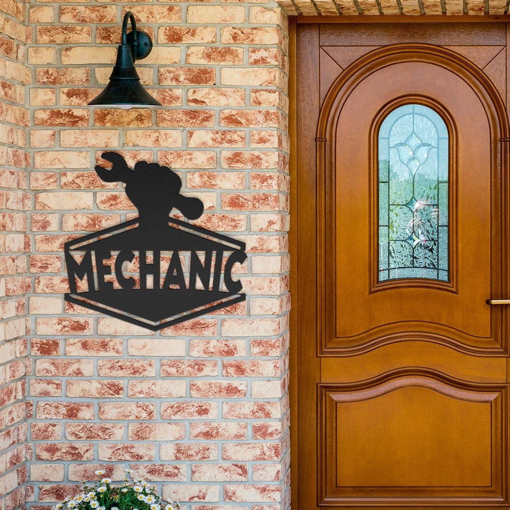Mechanic Metal Business Logo Sign - Wrench in Hand Design