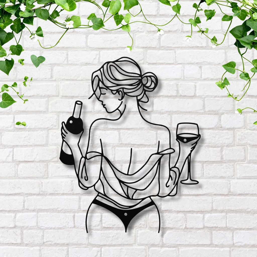 Woman Wine Metal Art – Minimalist Die Cut Metal Sign | Elegant Silhouette Decor