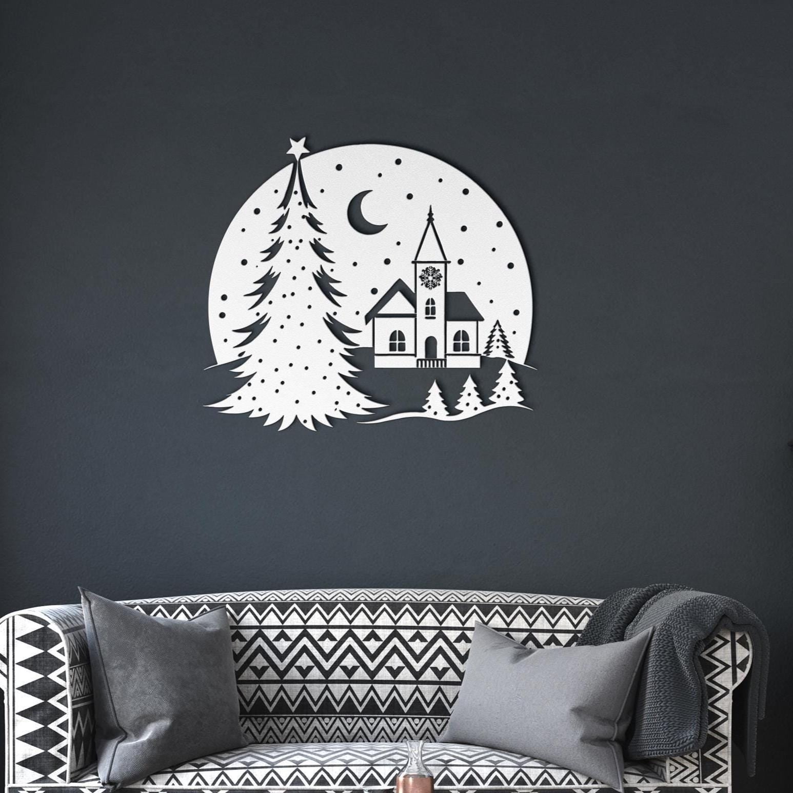 Christmas Snow Globe Metal Art, Winter Village Silhouette Wall Decor