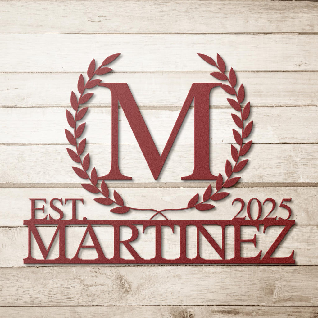 Personalized Metal Family Name Sign, Initial Wreath, Wedding Gift