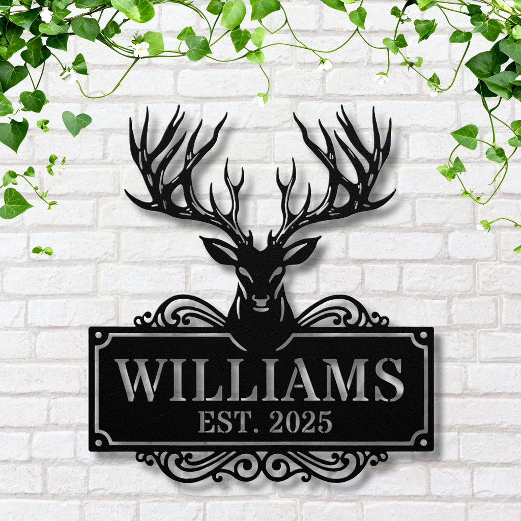 Personalized Antler Sign, Deer Head Metal Monogram, Custom Family Name Sign, Rustic Hunting Cabin Decor, Die Cut Art