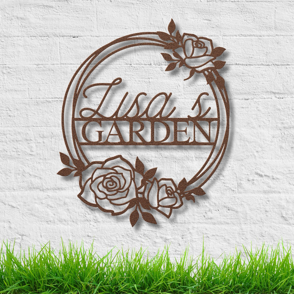 Personalized Rose Garden Metal Sign, Custom Name Plaque, Floral Wreath Decor