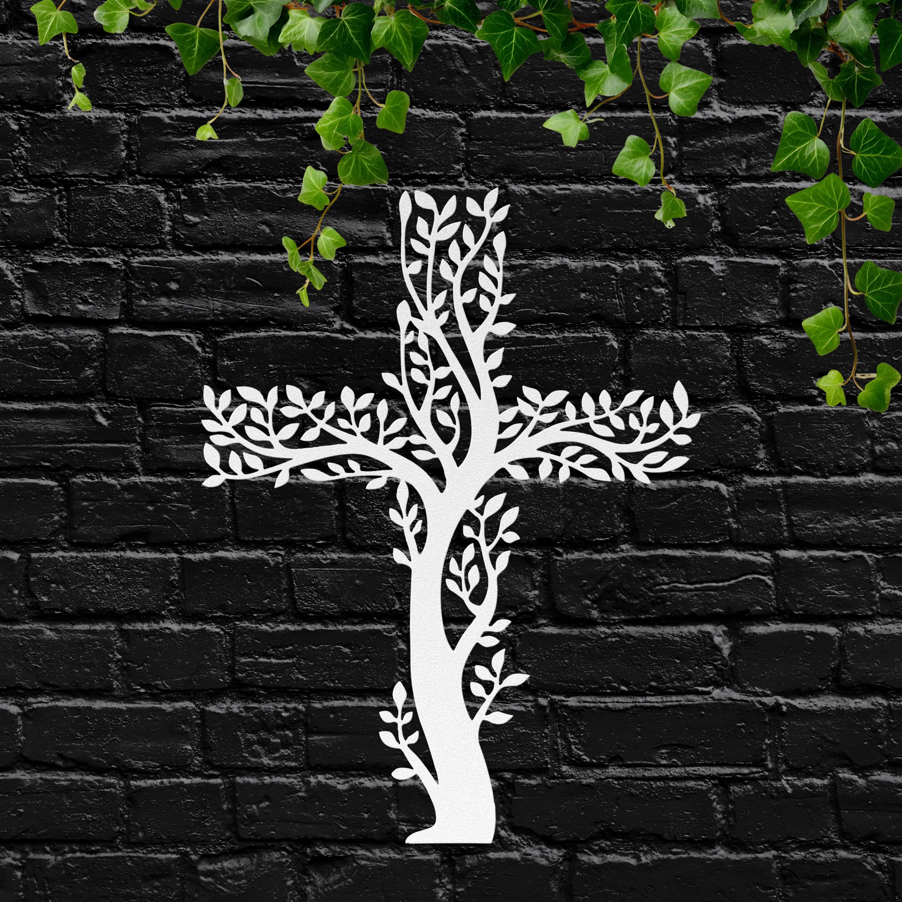 Tree of Life Cross Metal Wall Art, Christian Leaf Sign, Religious Nature Decor, Faith Gift