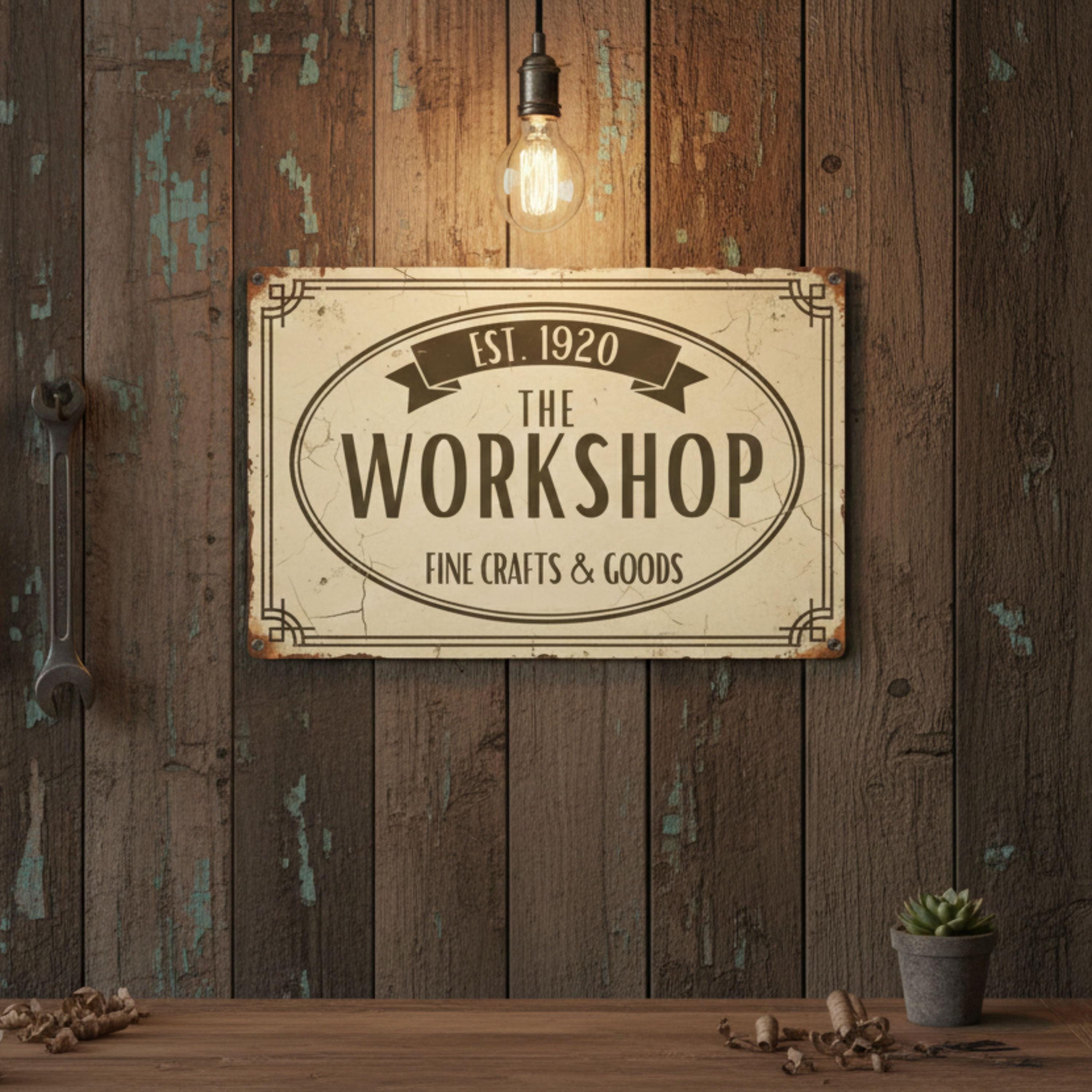 Custom Metal Sign - Rustic Workshop Metal Art | Vintage Shop Decor & Oval Crest
