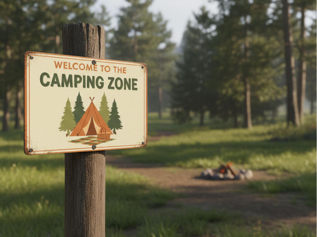Welcome To The Camping Zone Metal Sign, Retro Camper Decor, Tent Life Wall Art, Cabin