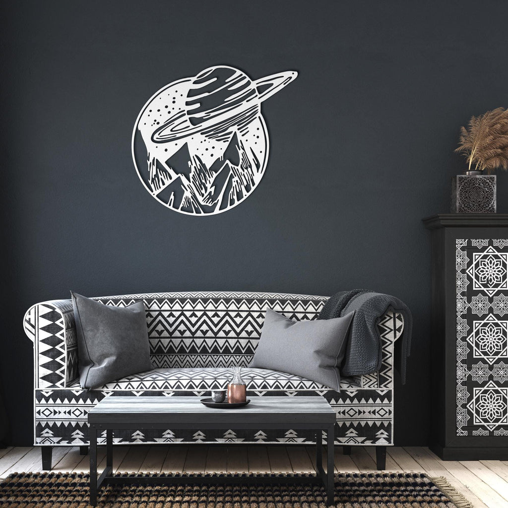 Saturn Metal Wall Art, Celestial Planet Sign, Galaxy Space Decor, Mountain Landscape Art