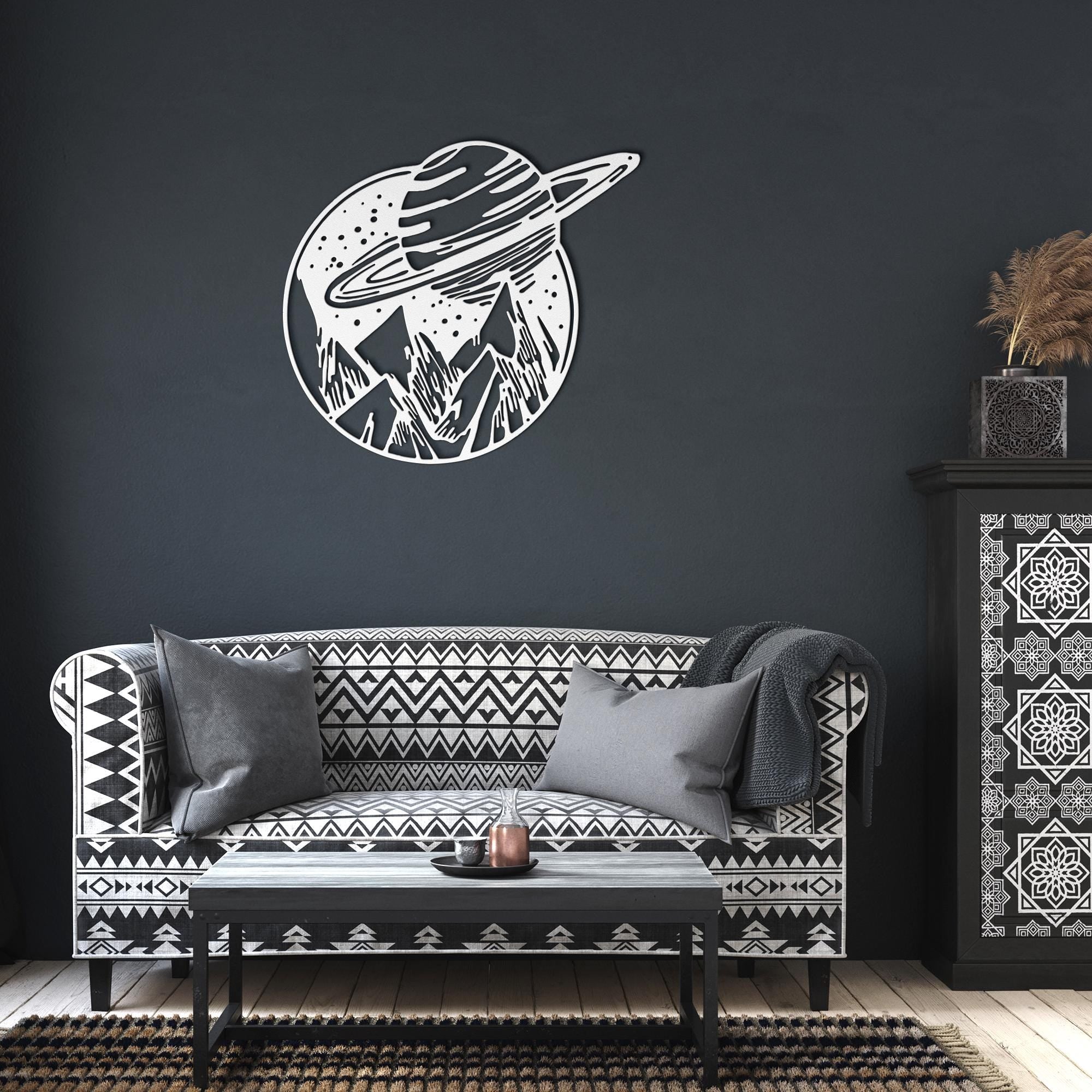 Saturn Metal Wall Art, Celestial Planet Sign, Galaxy Space Decor, Mountain Landscape Art