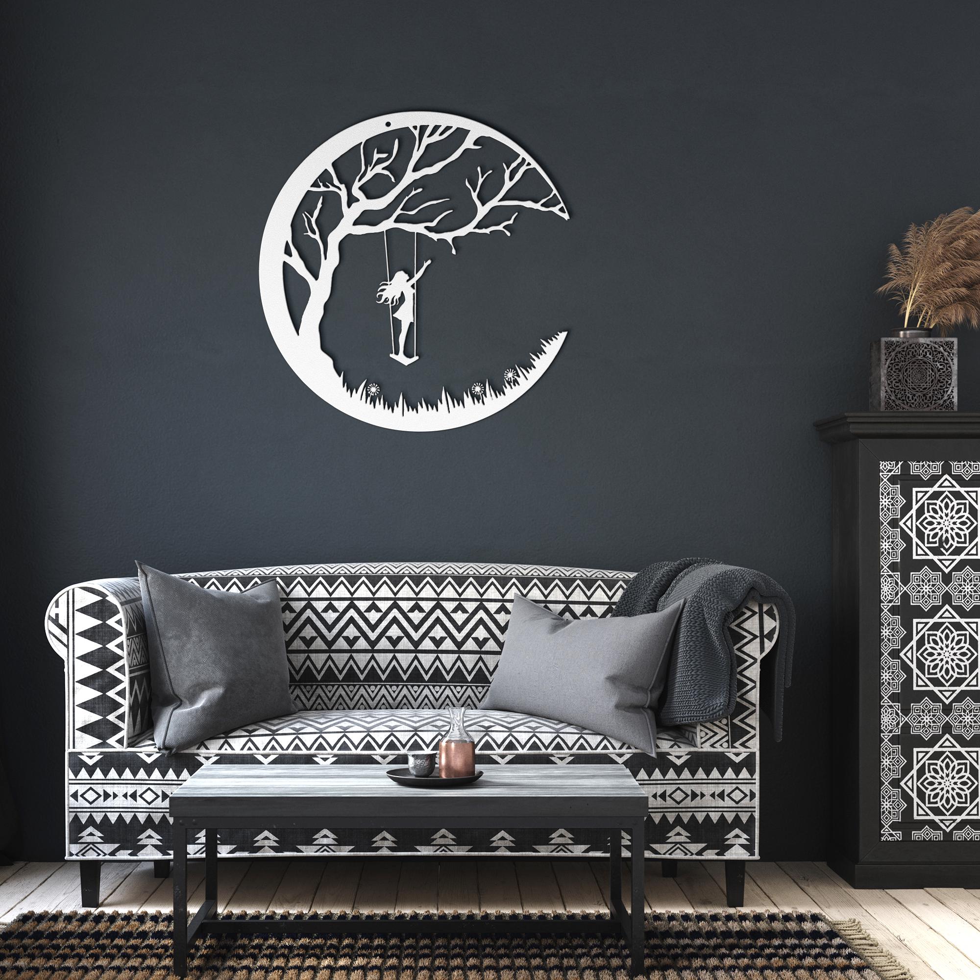Girl on Swing Metal Wall Art, Crescent Moon Silhouette, Kids Room Decor