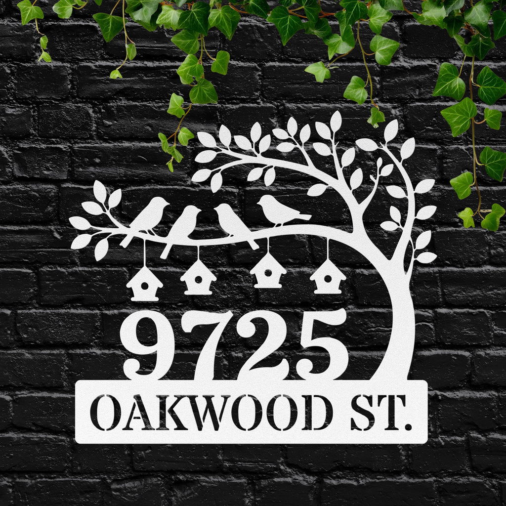 Personalized Metal Address Sign, Custom House Number Plaque, Tree Birdhouse Decor, Street Name Sign