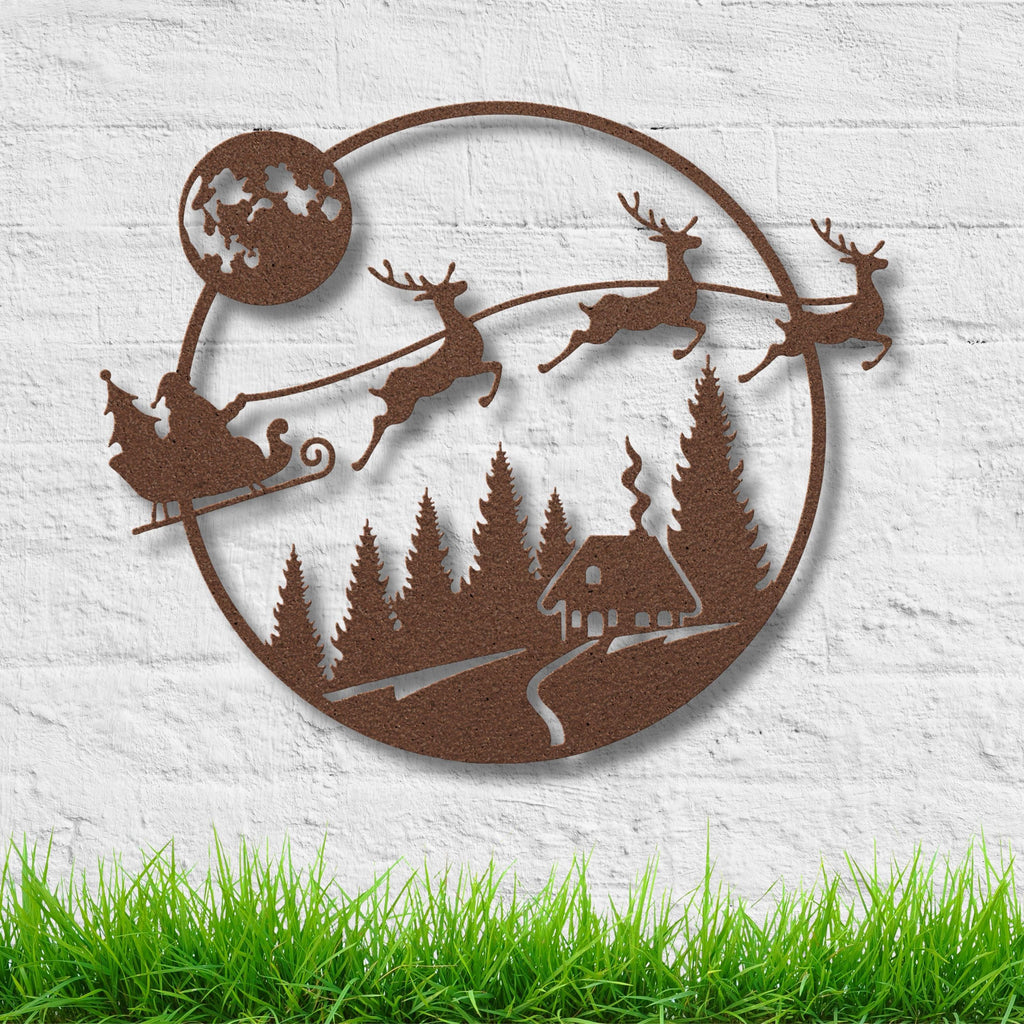 Santa Sleigh Metal Sign | Flying Reindeer Christmas Decor | Cabin Winter Scene | Round Holiday Die-Cut Wall Art