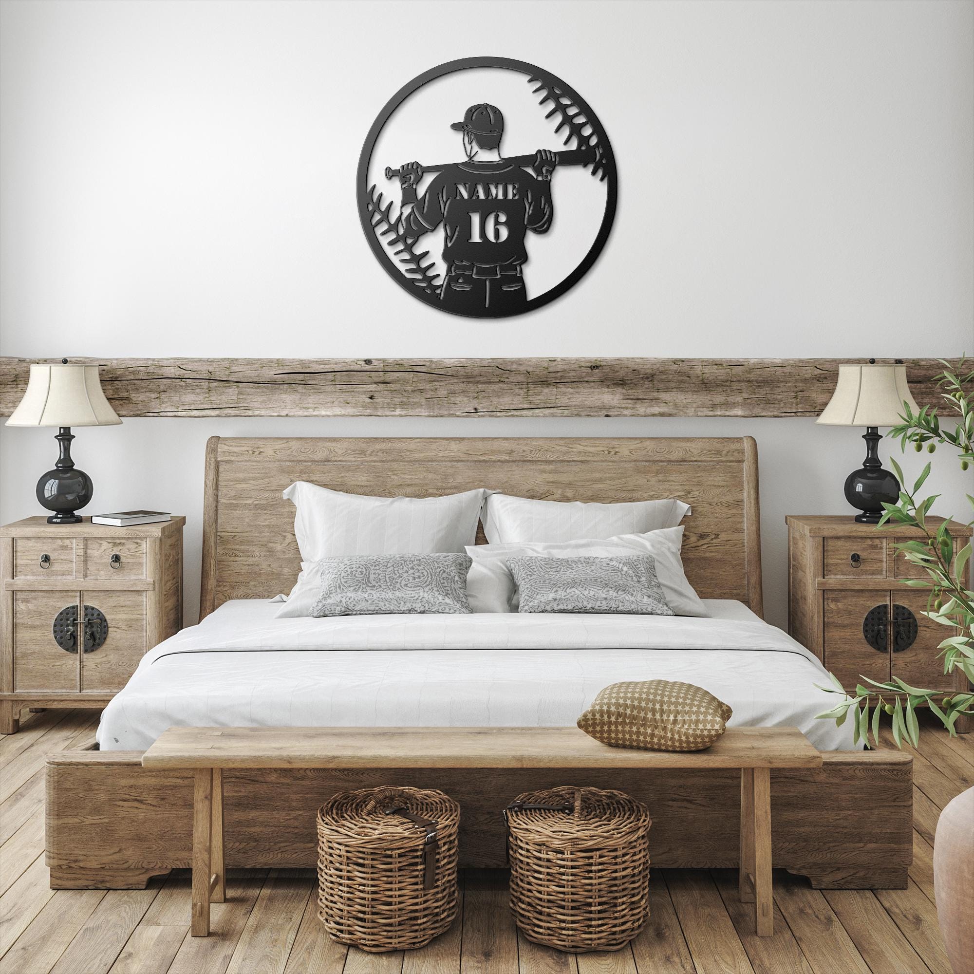 Personalized Baseball Sign | Custom Name Number Metal Player Art for Man Cave Decor