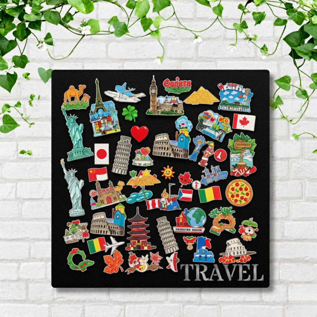 Travel Souvenir Magnet Board | Global Landmark Die Cut Metal Sign, Wanderlust Display Board for Refrigerator Magnets