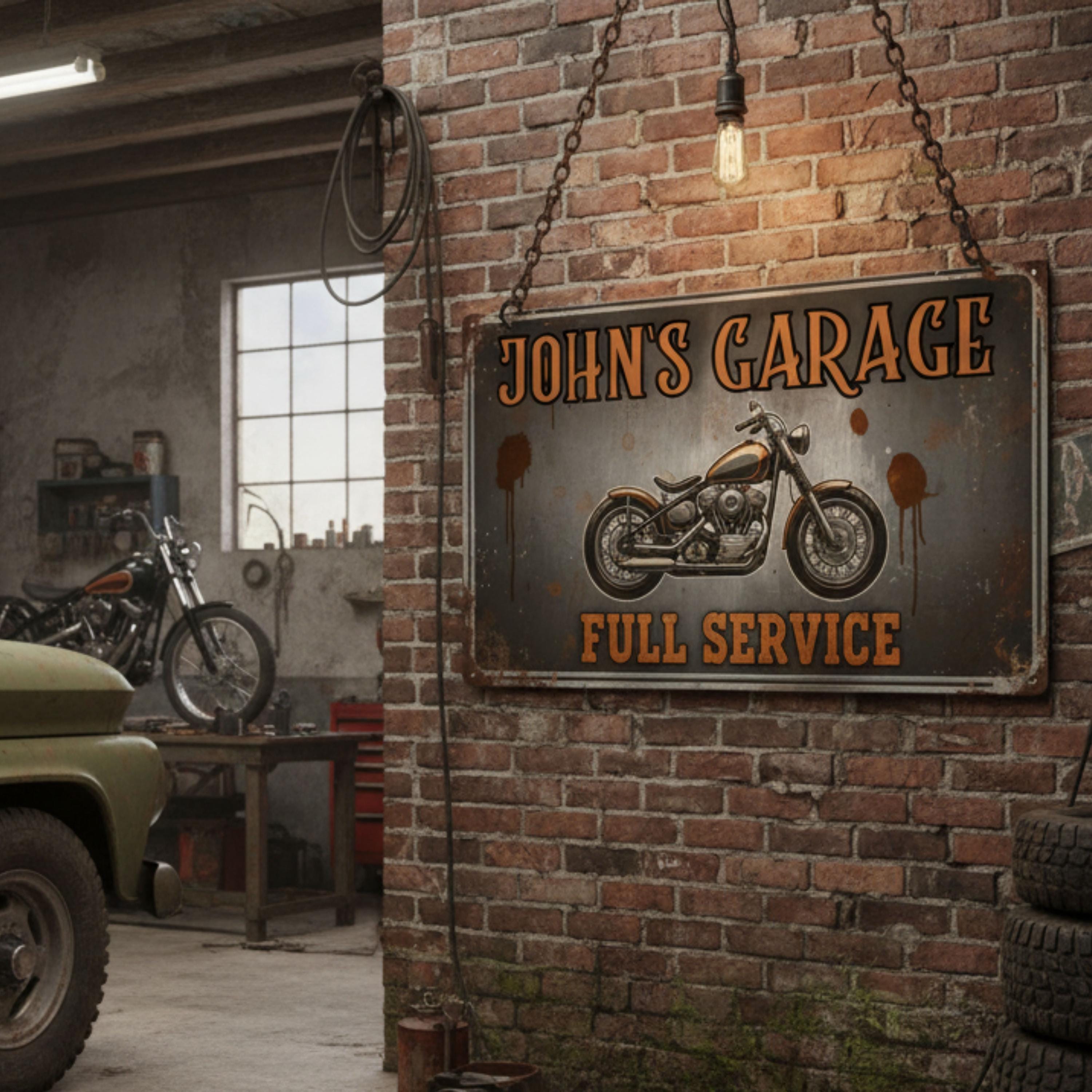 Personalized Garage Sign - Custom Metal Sign | Vintage Man Cave Decor & Motorcycle Wall Art