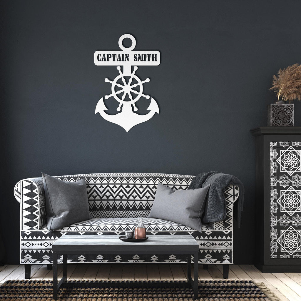 Personalized Captain's Wheel and Anchor Metal Sign, Custom Text, Nautical Gift, Sailor Gift