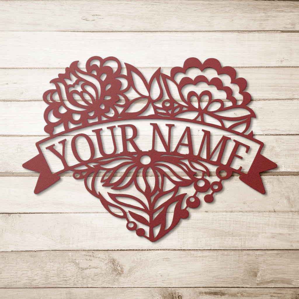 Personalized Metal Sign – Custom Name Sign Floral Heart Art Wedding Gift Idea