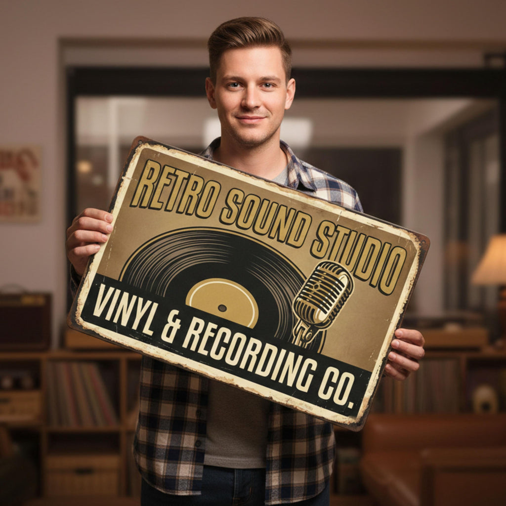 Retro Sound Studio Sign - Custom Metal Wall Plaque with Vintage Microphone Art