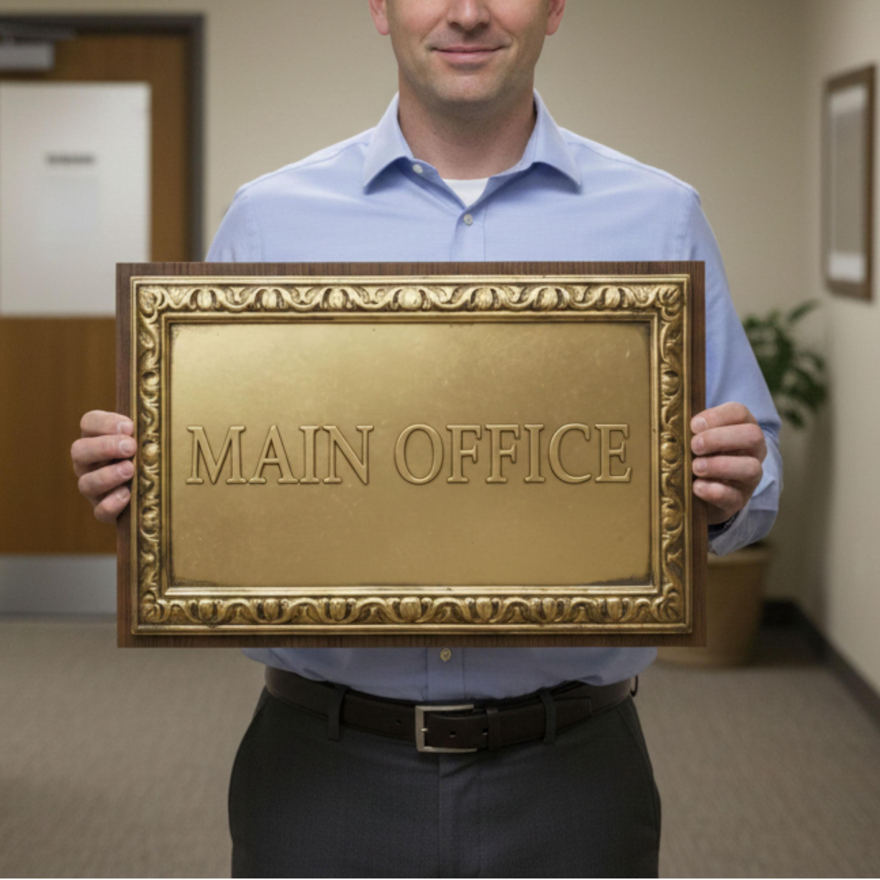Main Office 3D Inspired Metal Sign, Vintage Gold Plaque, Executive Business Decor, Classic Professional Door
