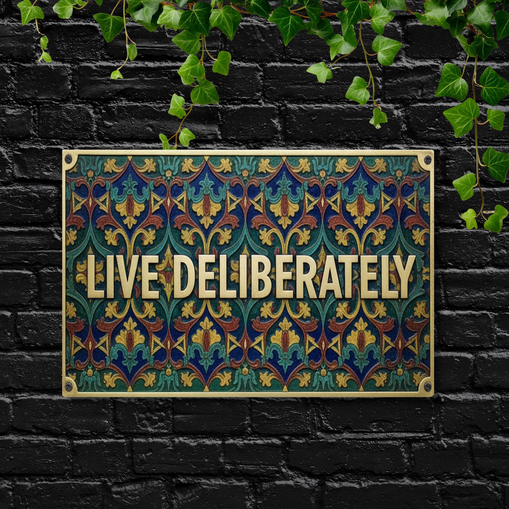 Live Deliberately Metal Sign, Ornate Tapestry Wall Art, Gold Motivational Plaque
