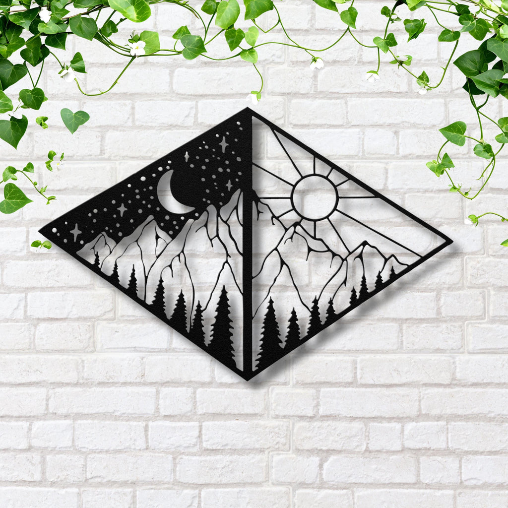 Mountain Metal Art – Sun Moon Geometric Wall Decor | Diamond Shape Cabin Sign
