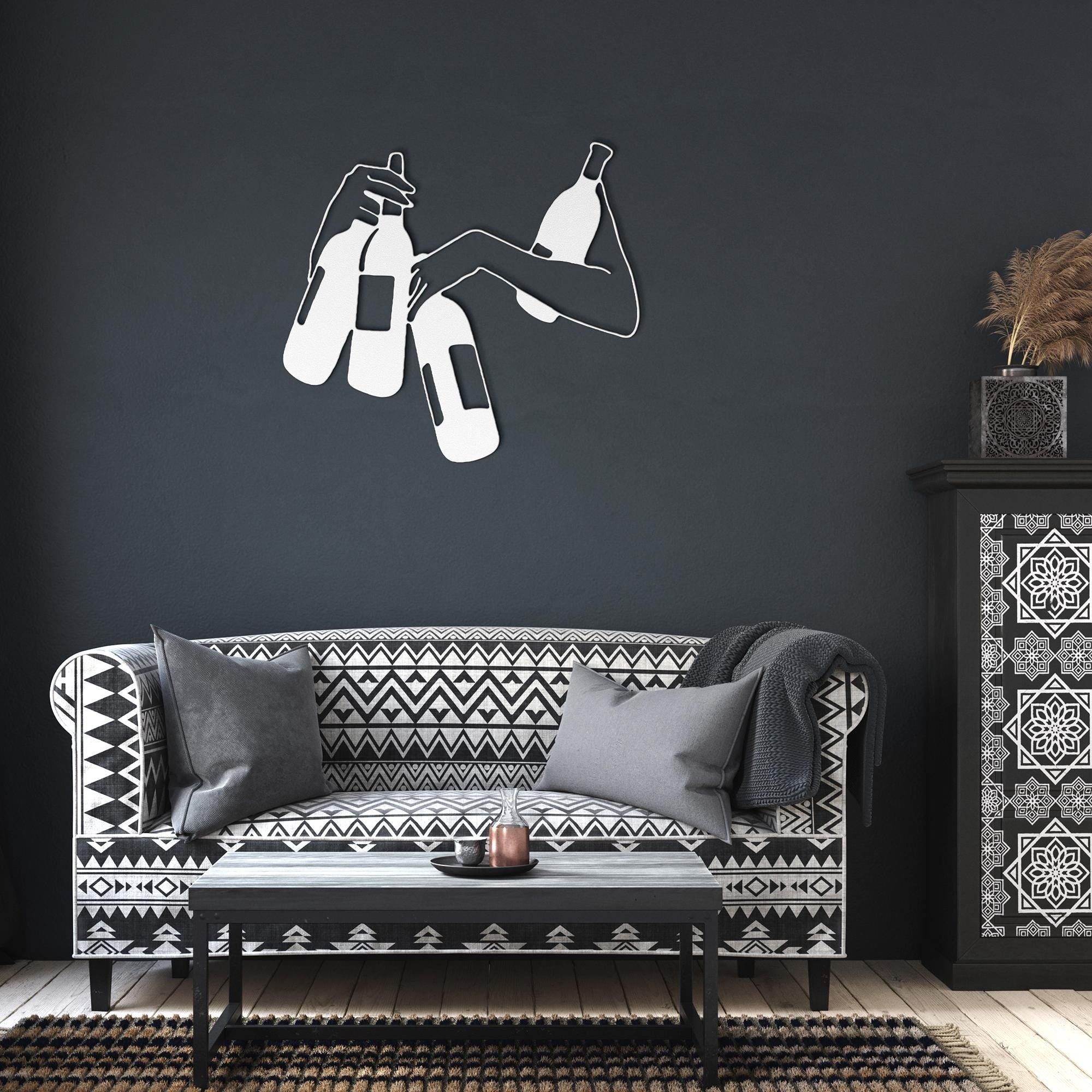 Hands Holding Wine Bottles Metal Art | Abstract Bar Decor Sign | Drink Enthusiast Silhouette | Kitchen or Cellar Wall Hanging