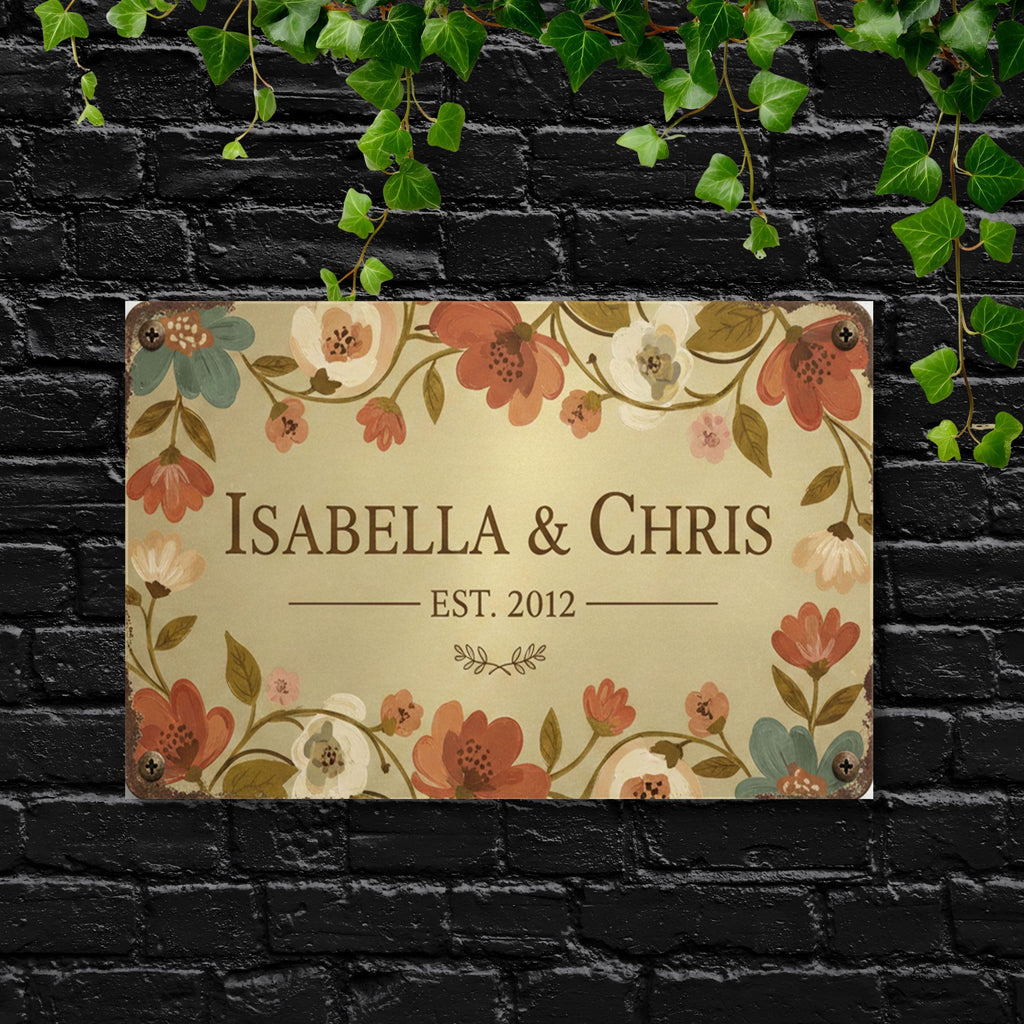 Personalized Couple Anniversary Metal Sign, Floral Established Date Plaque, Wedding Gift Art