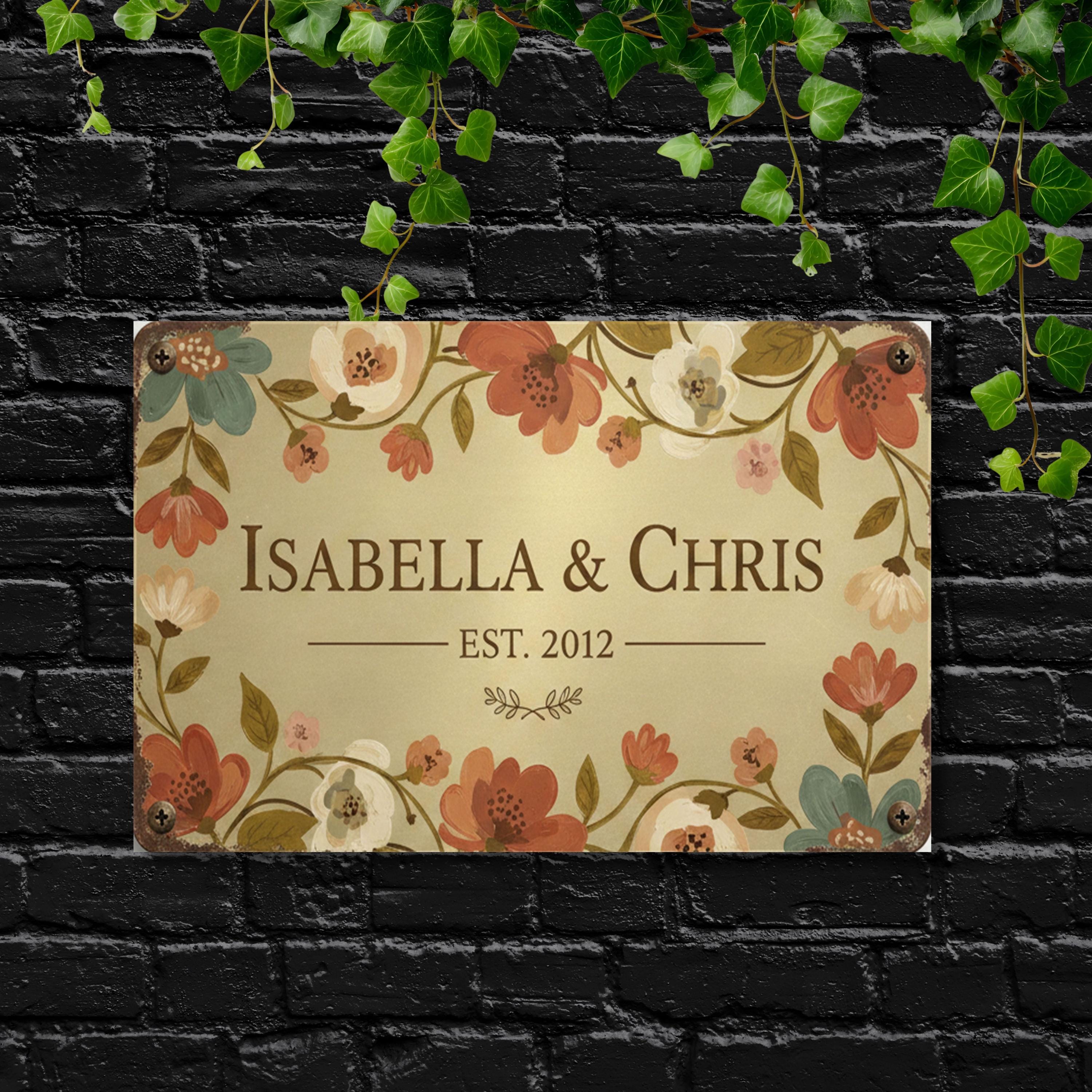 Personalized Couple Anniversary Metal Sign, Floral Established Date Plaque, Wedding Gift Art