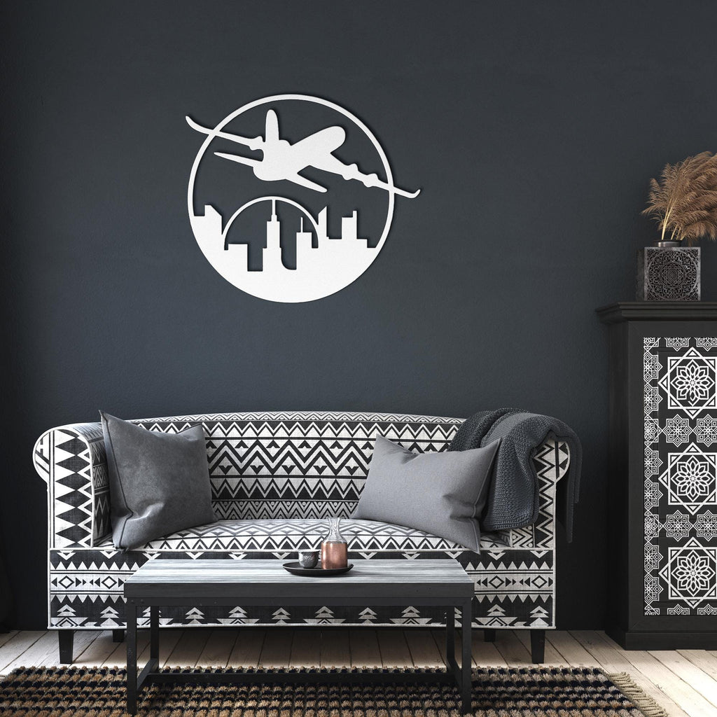 Airplane Cityscape Metal Wall Art | Travel Gift for Pilot