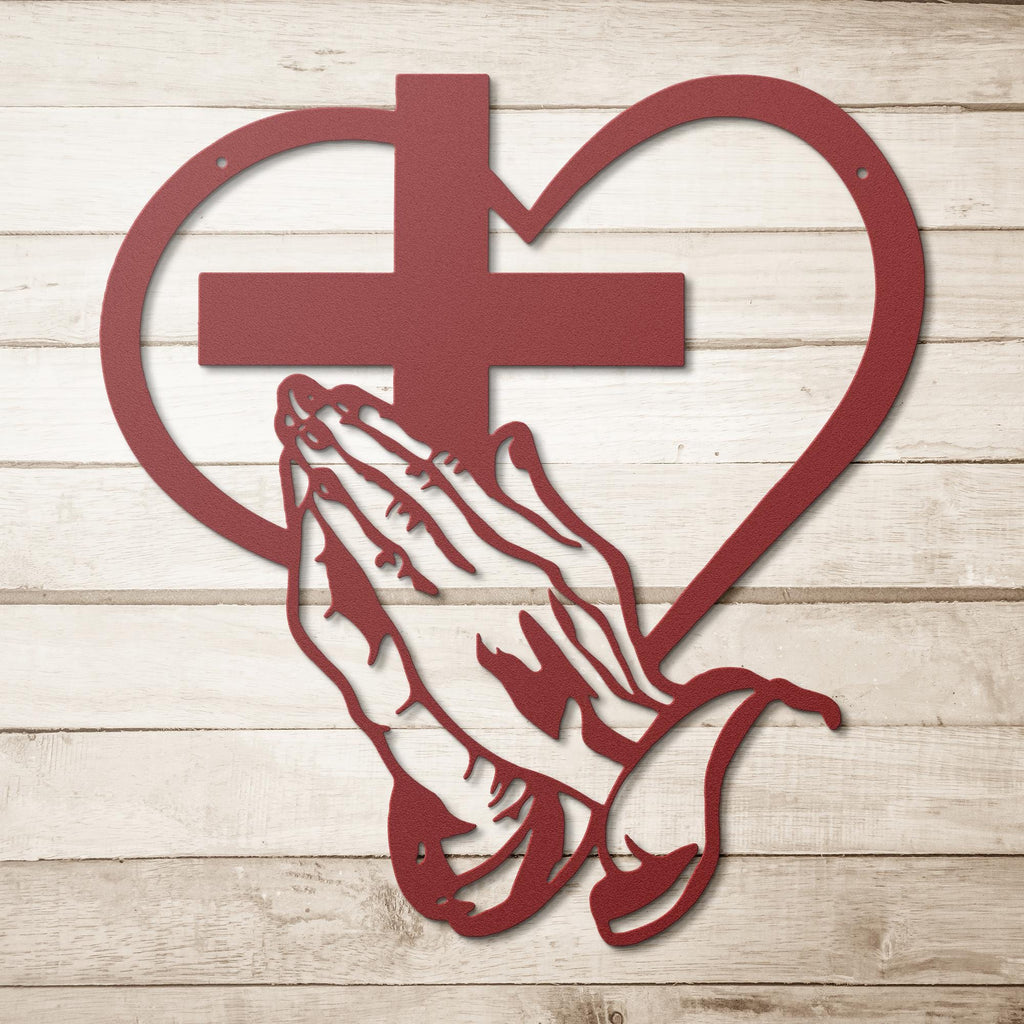 Praying Hands Metal Art – Religious Metal Sign | Christian Wall Decor & Heart Cross
