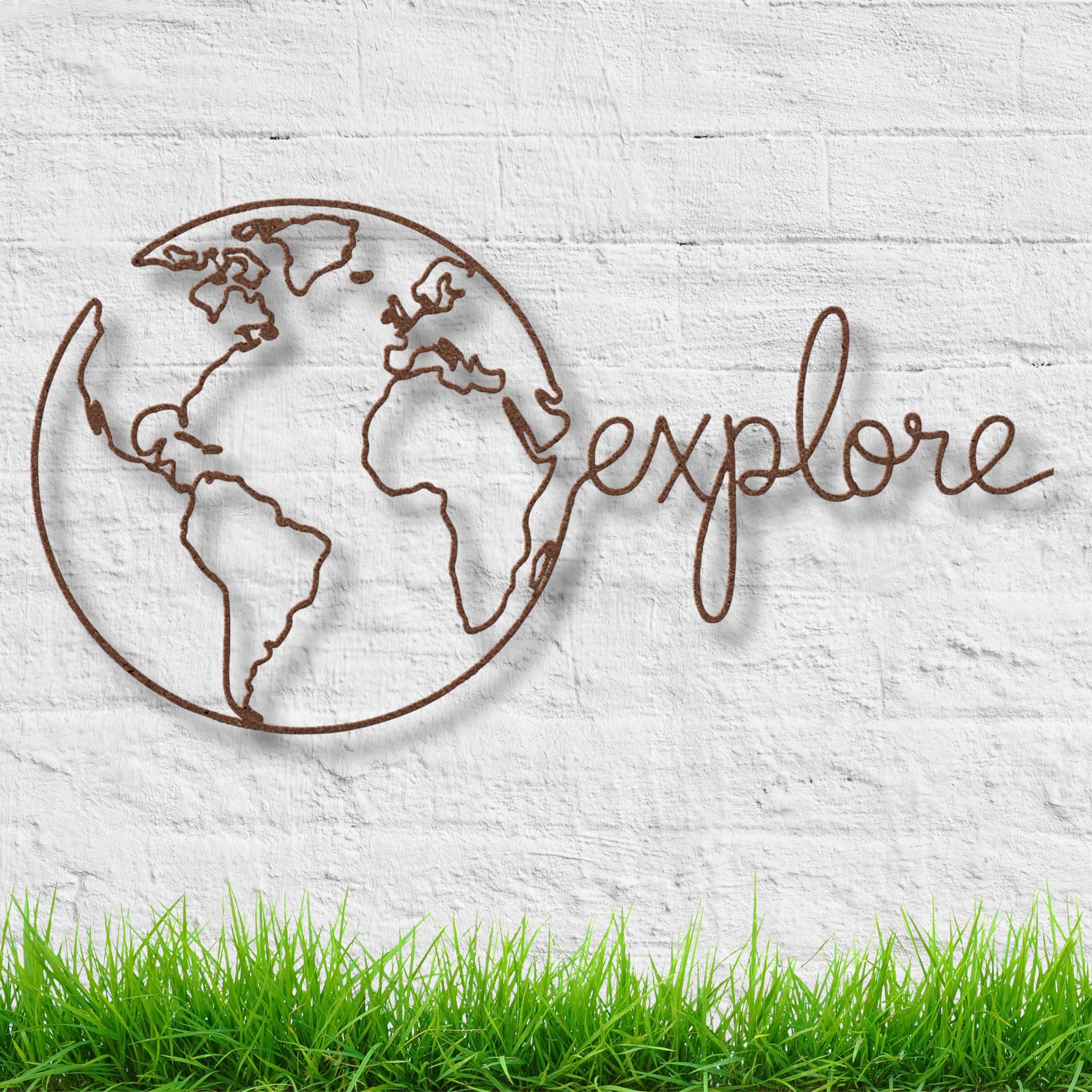 Explore Globe Metal Wall Art | Travel Die Cut Sign, Adventure Decor, Earth Map Silhouette, Wanderlust Gift