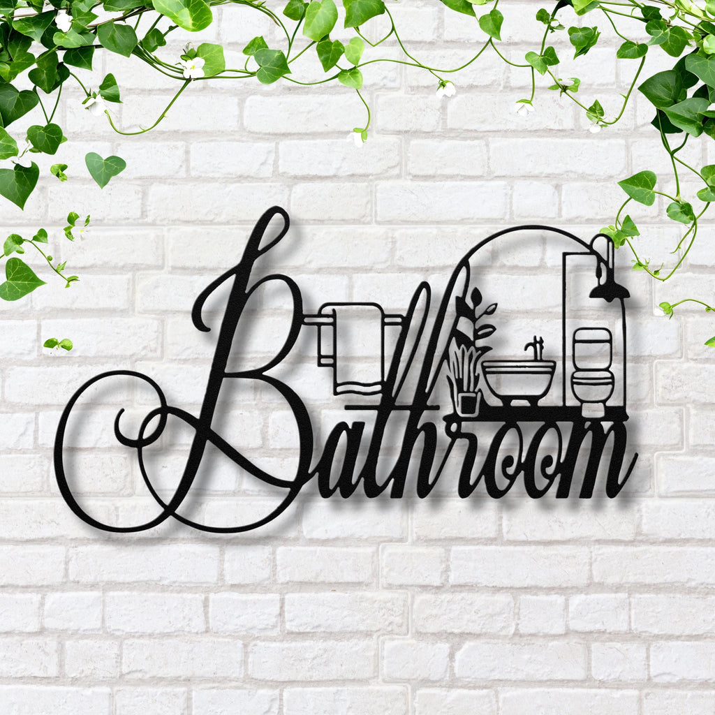 Bathroom Metal Sign Decor | Black Die Cut Wall Art for Restroom | Modern Farmhouse Powder Room Door Hanger | Housewarming Gift