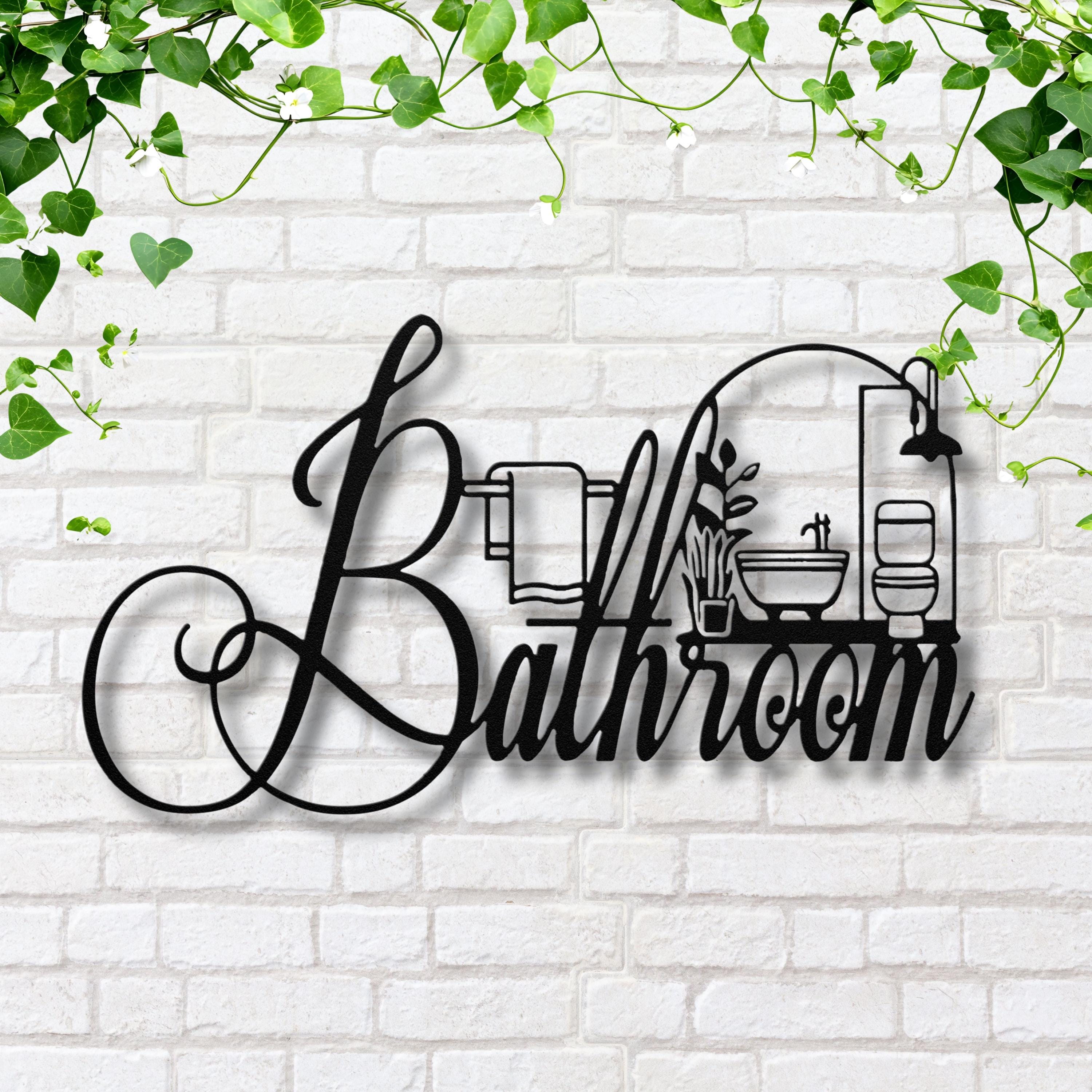 Bathroom Metal Sign Decor | Black Die Cut Wall Art for Restroom | Modern Farmhouse Powder Room Door Hanger | Housewarming Gift