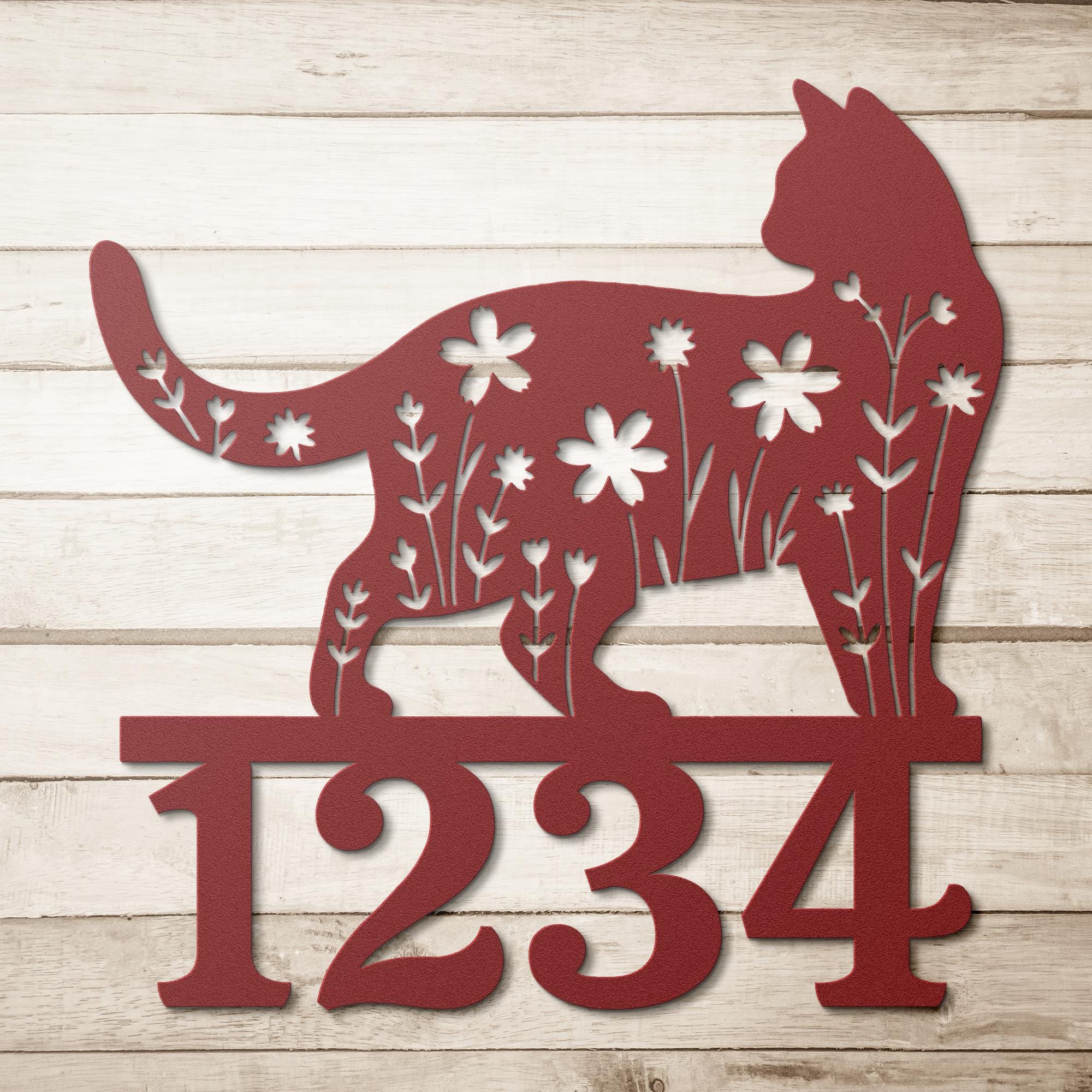 Floral Cat Address Sign: Custom Metal House Number Plaque